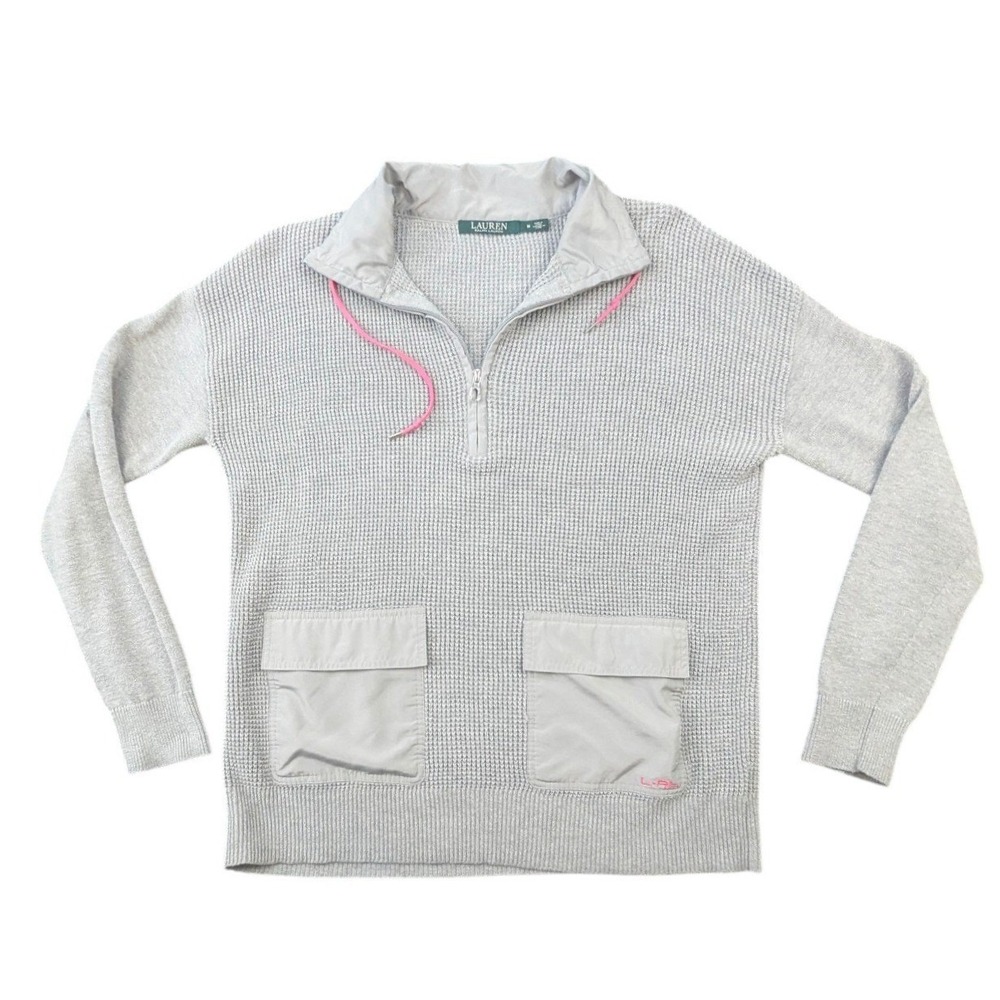 Lauren Ralph Lauren Gray Waffle Knit Quarter Zip‎ Sweater Size M Cotton Blend